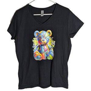 Cute Colorful Teddy Bear Black V Neck Graphic Tee - Size L - All Genders